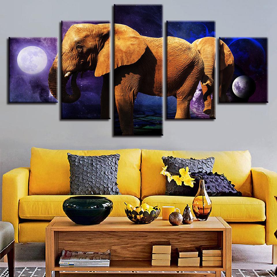 Planet Animals Elephants Night 5 Piece HD Multi Panel Canvas Wall Art - Original Frame