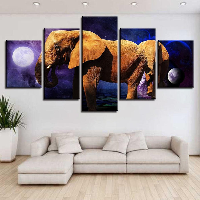 Planet Animals Elephants Night 5 Piece HD Multi Panel Canvas Wall Art - Original Frame