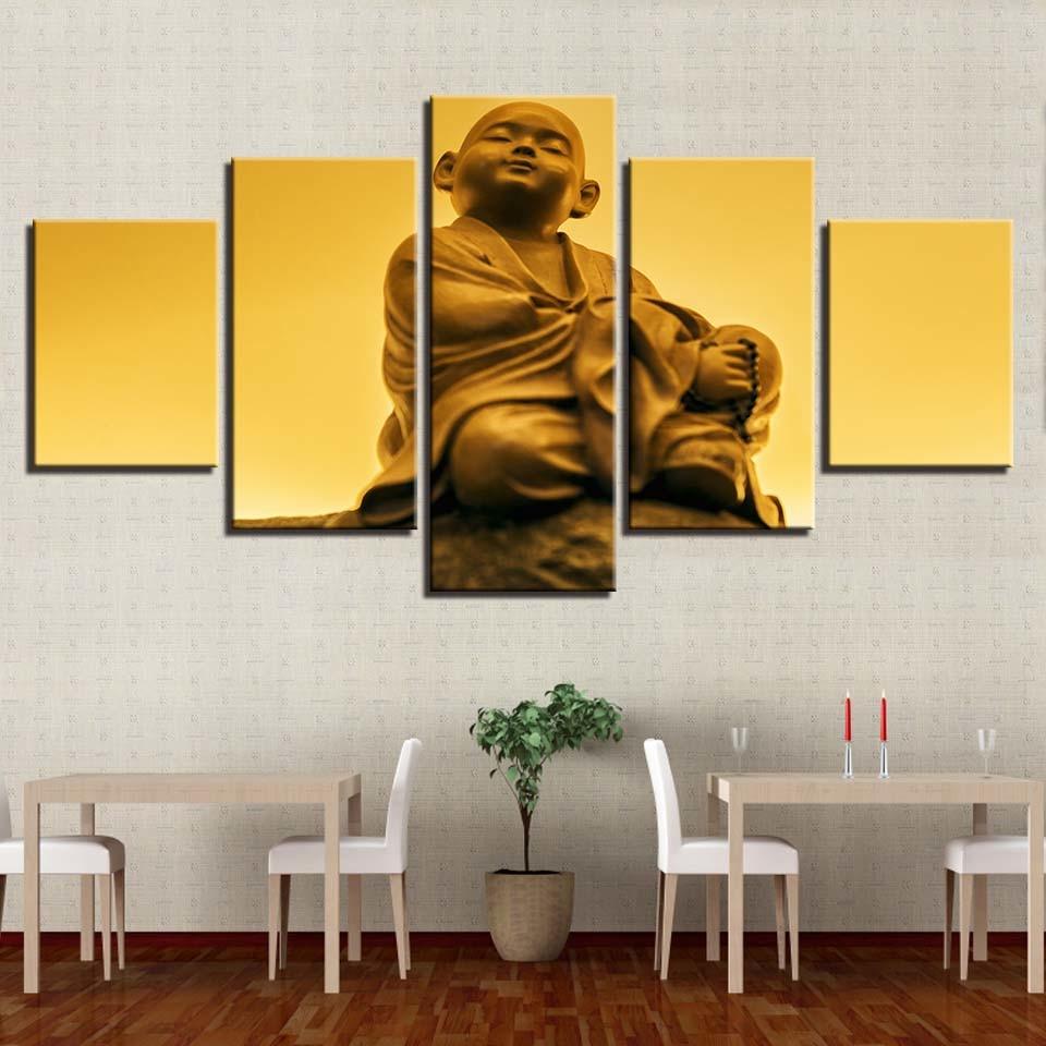 Golden Statue Of Little Monk 5 Piece HD Multi Panel Canvas Wall Art Frame - Original Frame