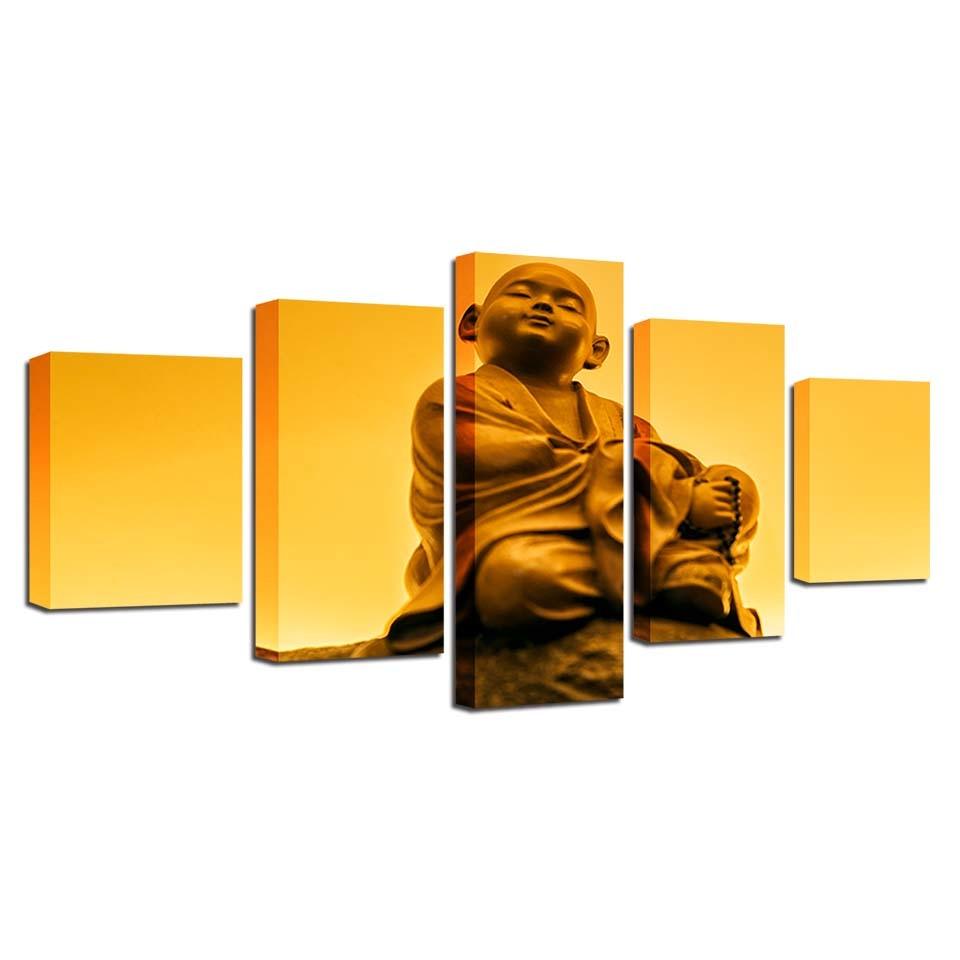 Golden Statue Of Little Monk 5 Piece HD Multi Panel Canvas Wall Art Frame - Original Frame
