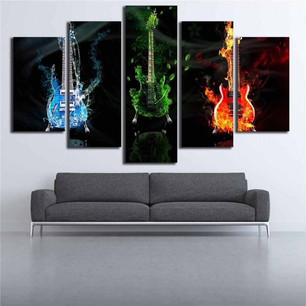 Fire Water Earth Guitars 5 Piece HD Multi Panel Canvas Wall Art Frame - Original Frame