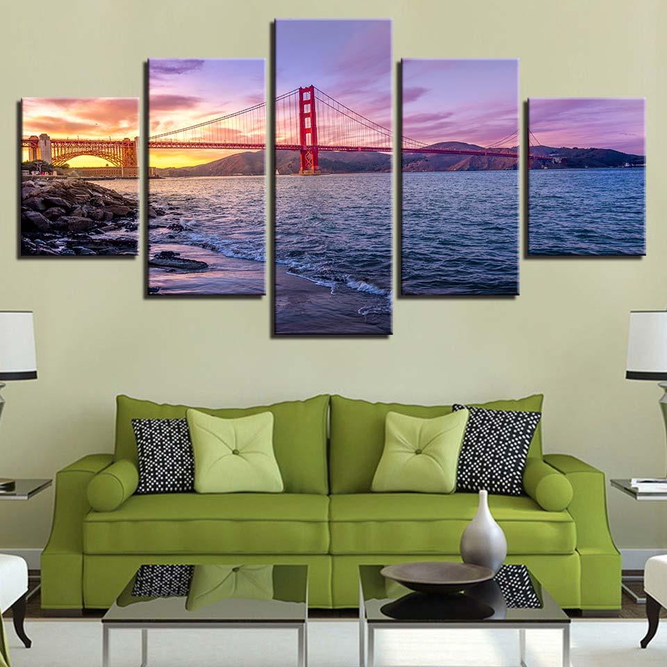 Golden Gate Bridge 5 Piece HD Multi Panel Canvas Wall Art Frame - Original Frame