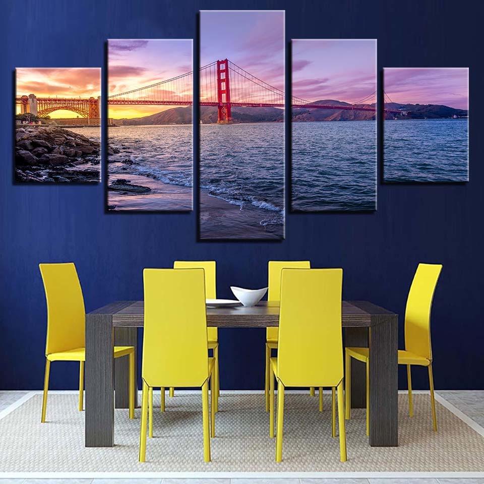 Golden Gate Bridge 5 Piece HD Multi Panel Canvas Wall Art Frame - Original Frame