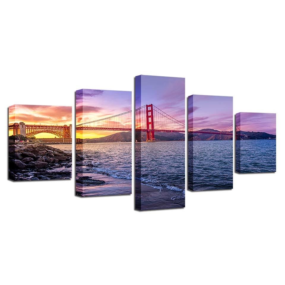 Golden Gate Bridge 5 Piece HD Multi Panel Canvas Wall Art Frame - Original Frame