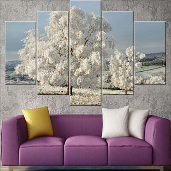 Snow Tree 5 Piece HD Multi Panel Canvas Wall Art Frame - Original Frame