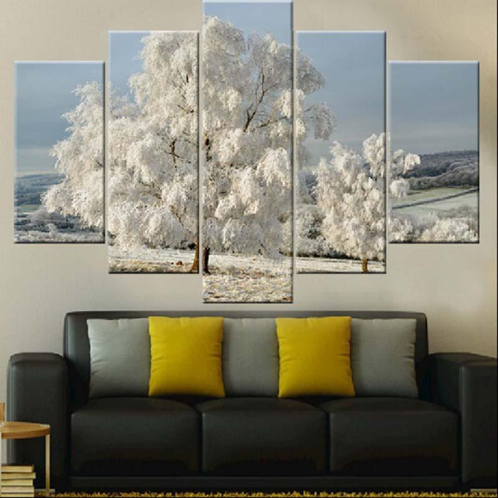 Snow Tree 5 Piece HD Multi Panel Canvas Wall Art Frame - Original Frame