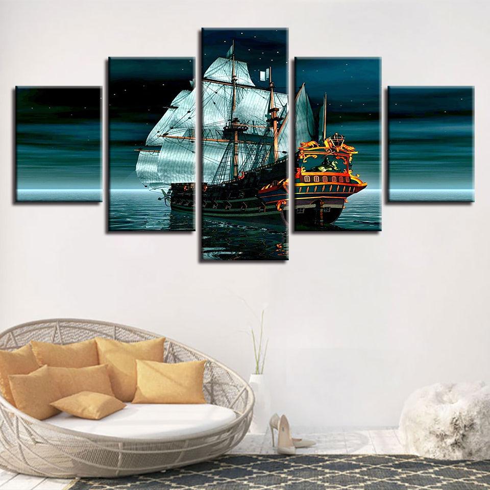 Sailing Boat at Night 5 Piece HD Multi Panel Canvas Wall Art Frame - Original Frame