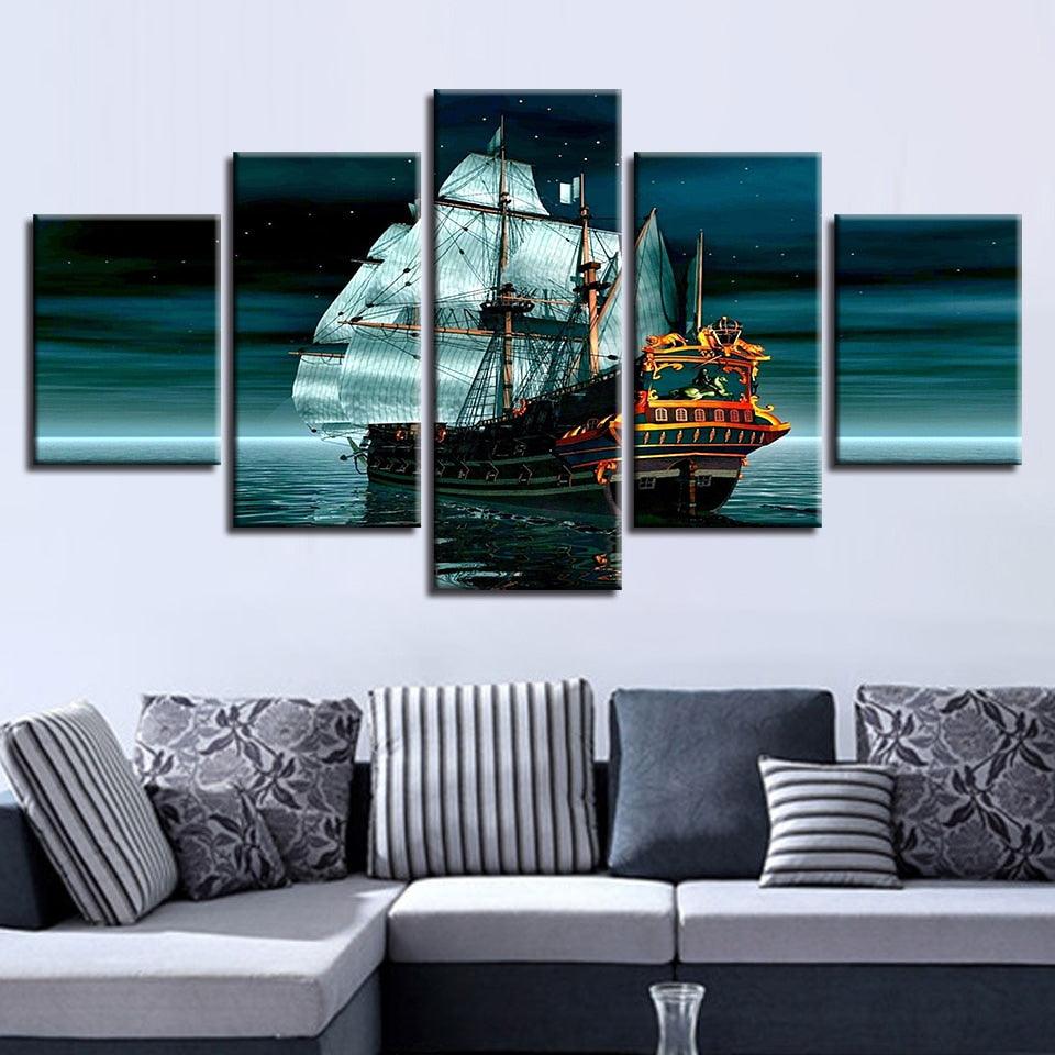 Sailing Boat at Night 5 Piece HD Multi Panel Canvas Wall Art Frame - Original Frame