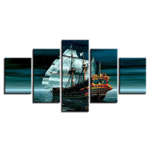 Sailing Boat at Night 5 Piece HD Multi Panel Canvas Wall Art Frame - Original Frame