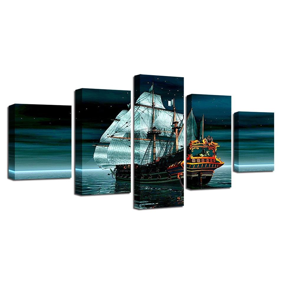 Sailing Boat at Night 5 Piece HD Multi Panel Canvas Wall Art Frame - Original Frame