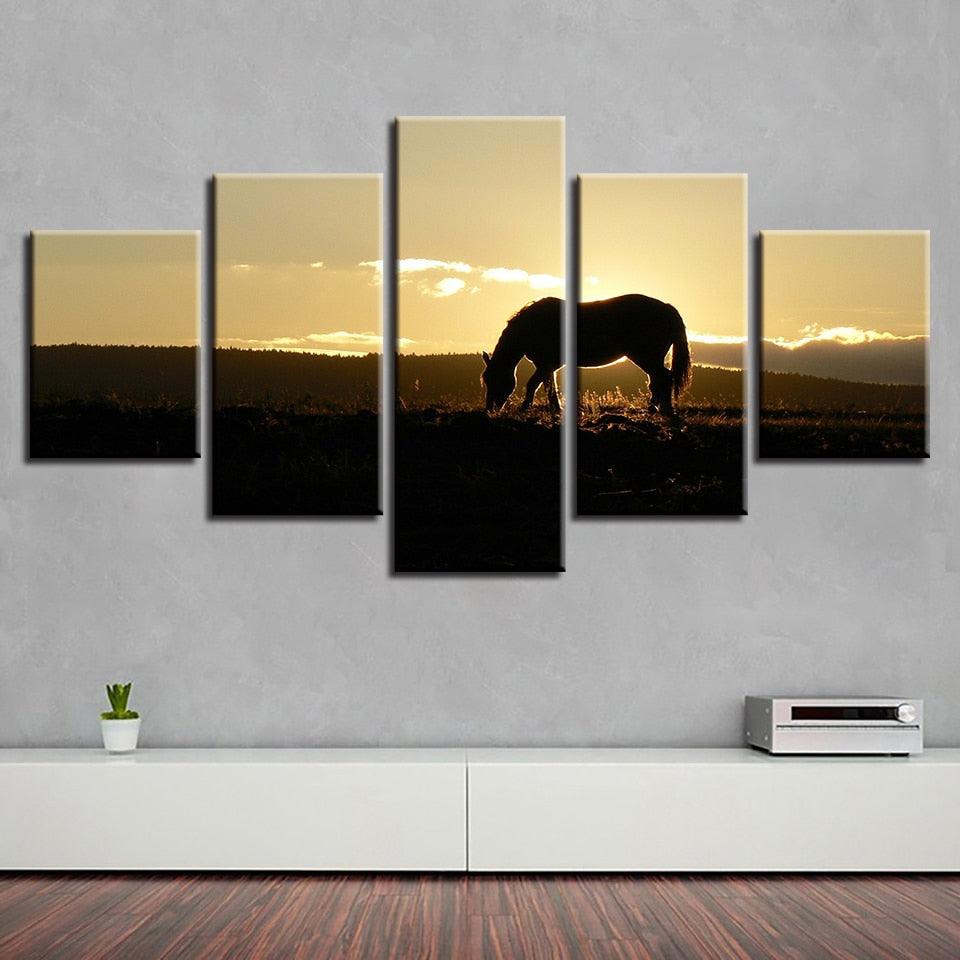 Sunset Prairie Animal Horse 5 Piece HD Multi Panel Canvas Wall Art Frame - Original Frame