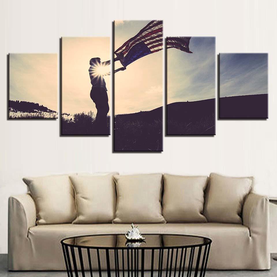 Flying American Flag 5 Piece HD Multi Panel Canvas Wall Art Frame - Original Frame