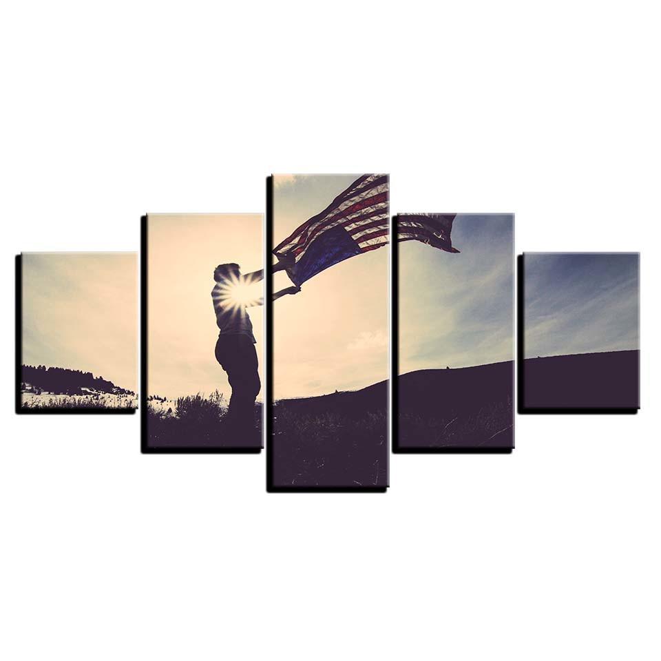 Flying American Flag 5 Piece HD Multi Panel Canvas Wall Art Frame - Original Frame