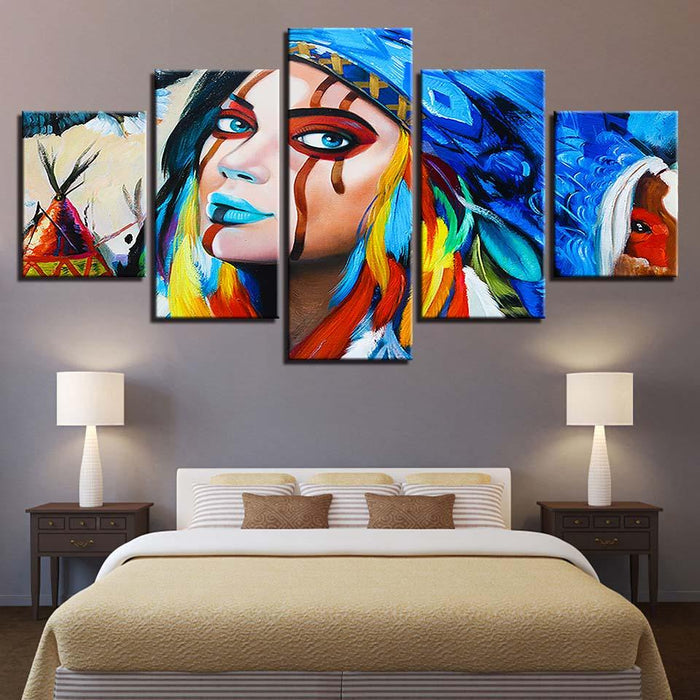 American Native Girl 5 Piece HD Multi Panel Canvas Wall Art Frame - Original Frame