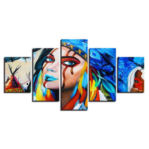 American Native Girl 5 Piece HD Multi Panel Canvas Wall Art Frame - Original Frame