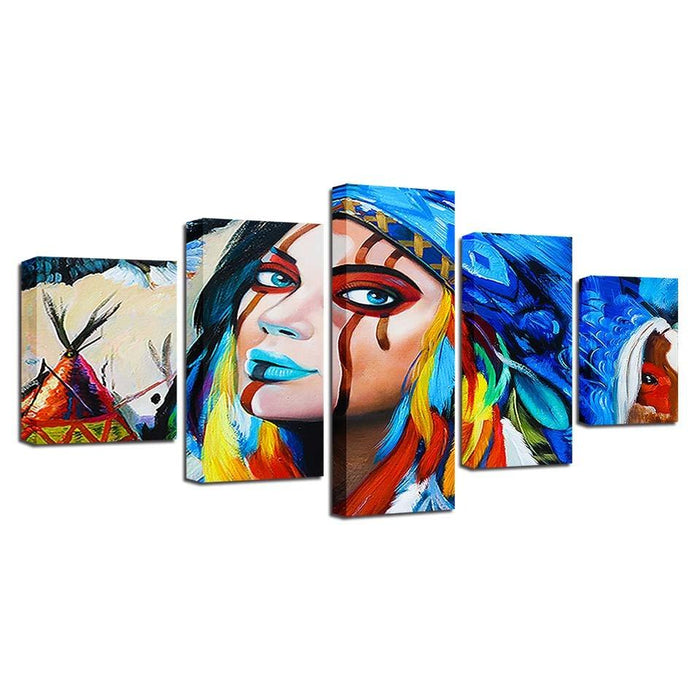 American Native Girl 5 Piece HD Multi Panel Canvas Wall Art Frame - Original Frame