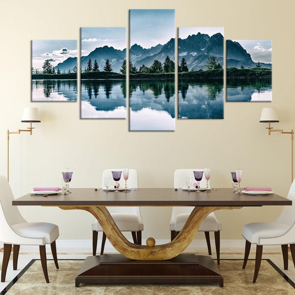 Mountains Lake Tree Scenery 5 Piece HD Multi Panel Canvas Wall Art Frame - Original Frame