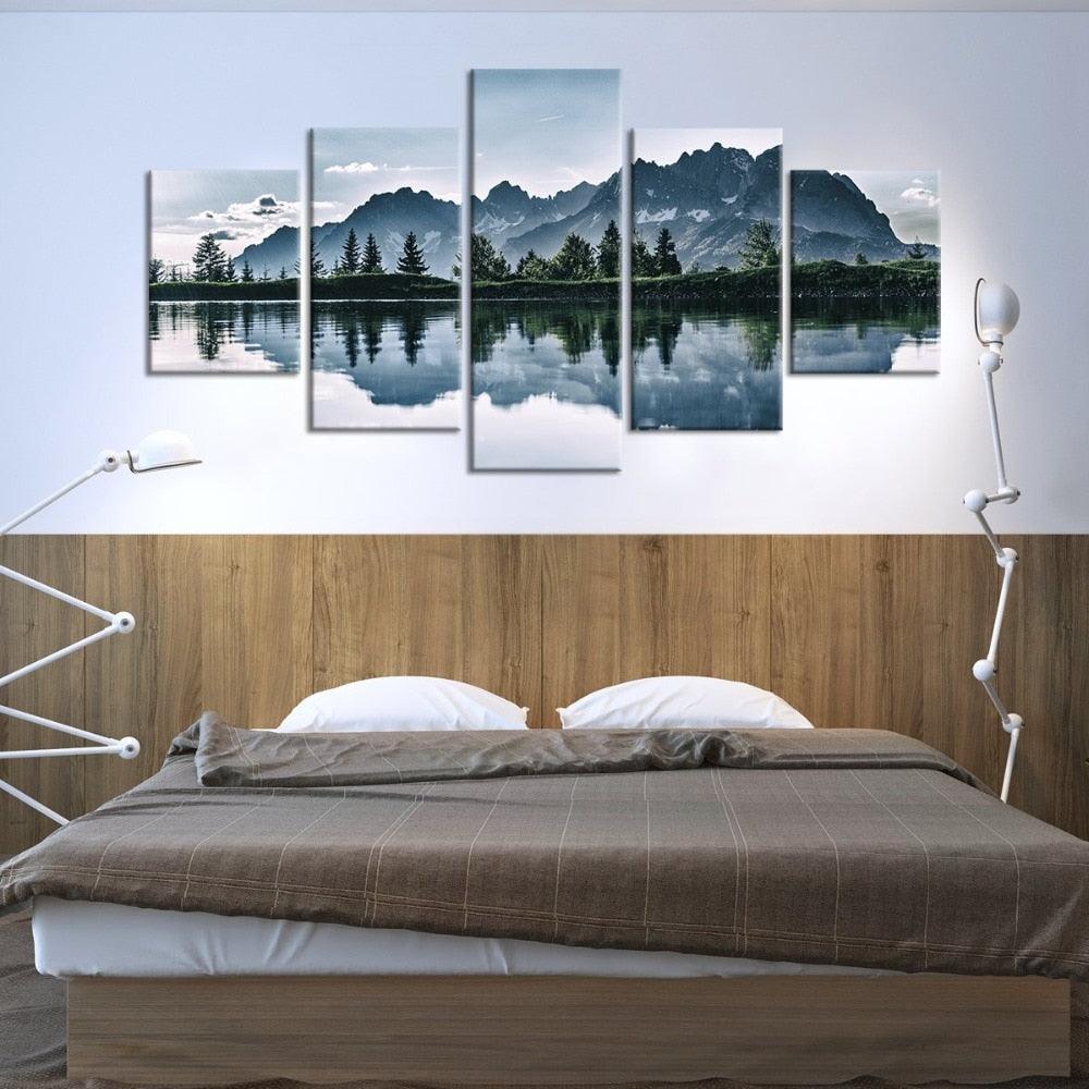 Mountains Lake Tree Scenery 5 Piece HD Multi Panel Canvas Wall Art Frame - Original Frame