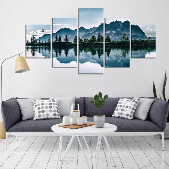 Mountains Lake Tree Scenery 5 Piece HD Multi Panel Canvas Wall Art Frame - Original Frame