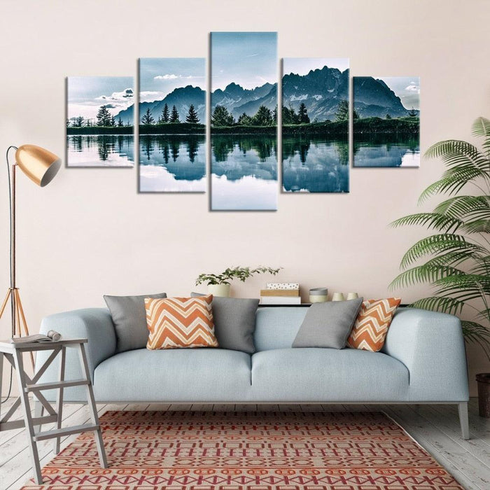 Mountains Lake Tree Scenery 5 Piece HD Multi Panel Canvas Wall Art Frame - Original Frame