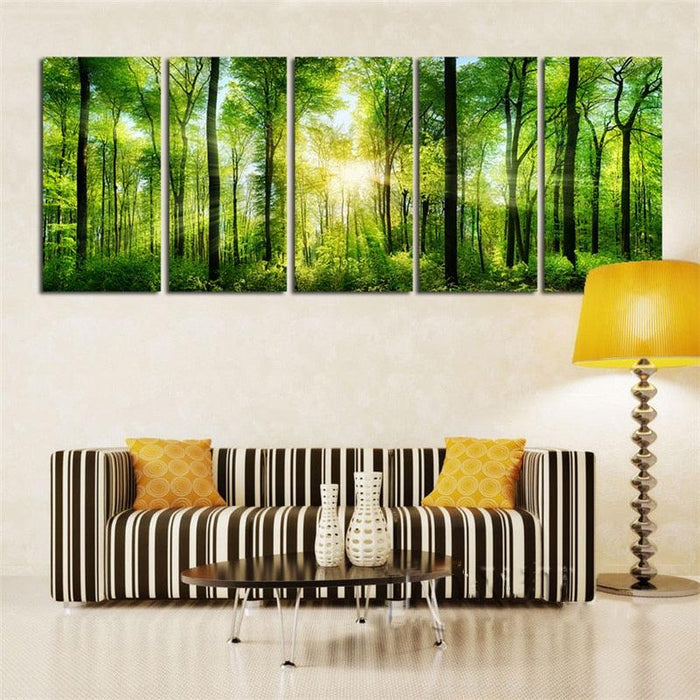 Green Trees And Sunshine 5 Piece HD Multi Panel Canvas Wall Art Frame