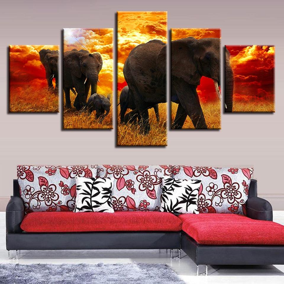 Elephant Herd 5 Piece HD Multi Panel Canvas Wall Art Frame - Original Frame