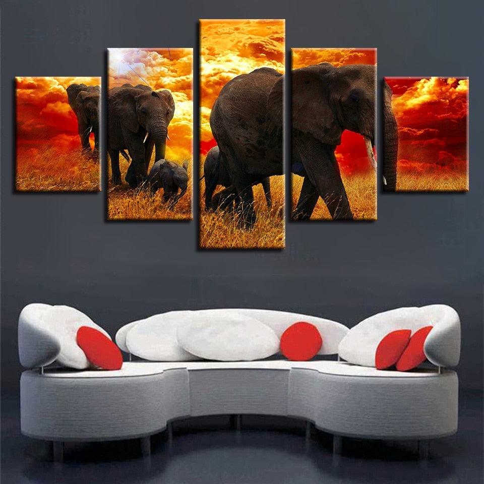 Elephant Herd 5 Piece HD Multi Panel Canvas Wall Art Frame - Original Frame