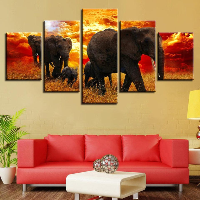 Elephant Herd 5 Piece HD Multi Panel Canvas Wall Art Frame - Original Frame