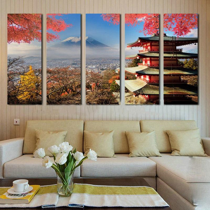 Fuji Mountain And Sensoji 5 Piece HD Multi Panel Canvas Wall Art Frame