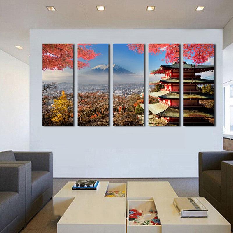 Fuji Mountain And Sensoji 5 Piece HD Multi Panel Canvas Wall Art Frame - Original Frame