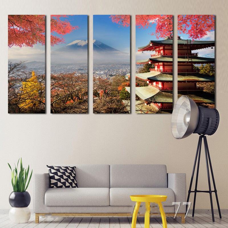 Fuji Mountain And Sensoji 5 Piece HD Multi Panel Canvas Wall Art Frame - Original Frame