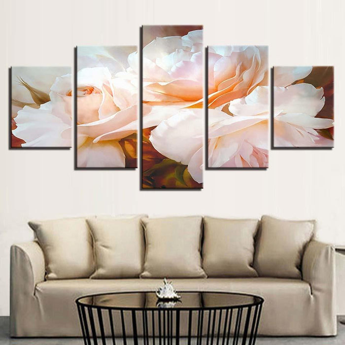 White Flowers 5 Piece HD Multi Panel Canvas Wall Art Frame - Original Frame