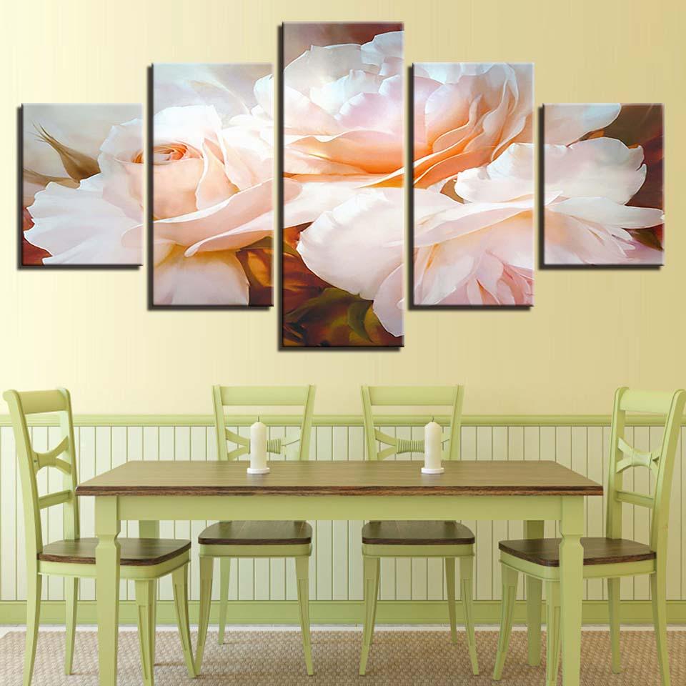 White Flowers 5 Piece HD Multi Panel Canvas Wall Art Frame - Original Frame