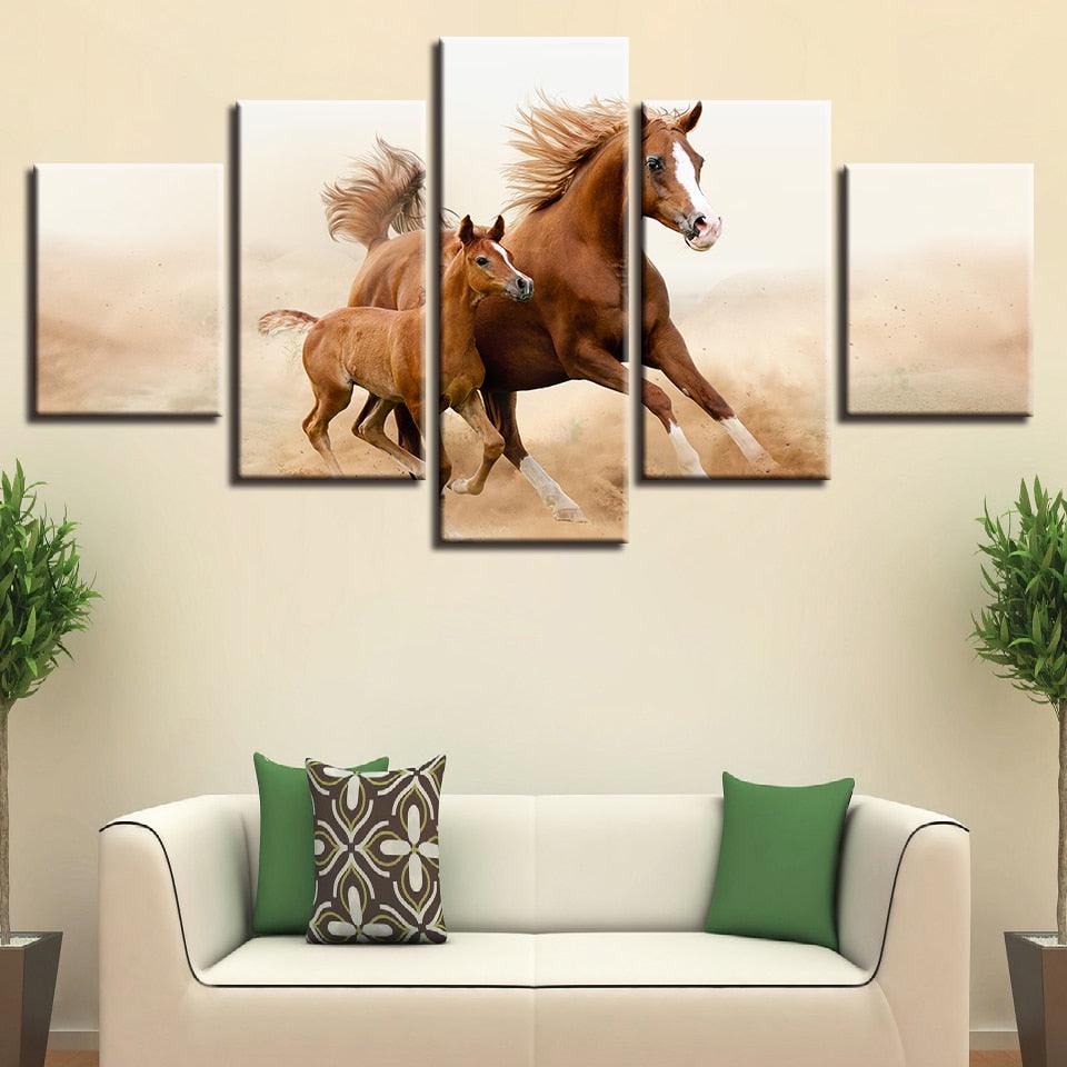 Classical Running Horses 5 Piece HD Multi Panel Canvas Wall Art Frame - Original Frame