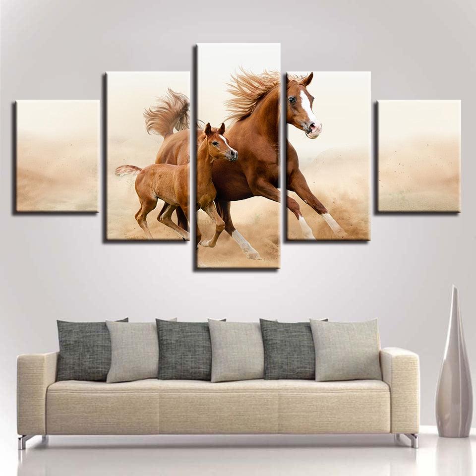 Classical Running Horses 5 Piece HD Multi Panel Canvas Wall Art Frame - Original Frame