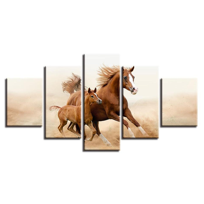 Classical Running Horses 5 Piece HD Multi Panel Canvas Wall Art Frame - Original Frame