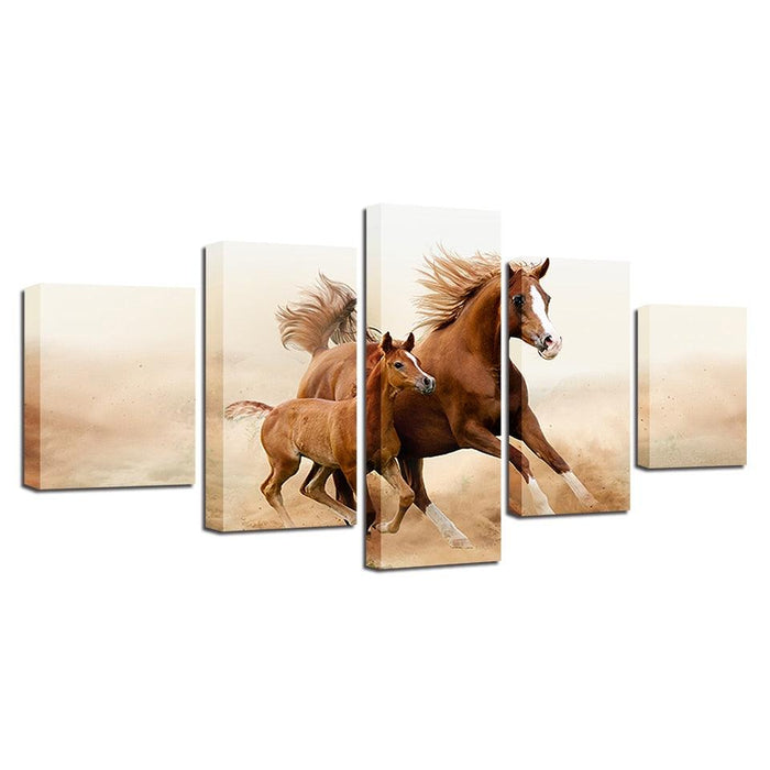 Classical Running Horses 5 Piece HD Multi Panel Canvas Wall Art Frame - Original Frame