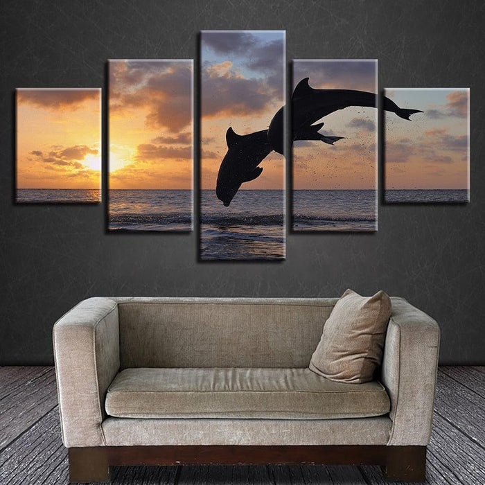 Sunset Jumping Dolphins 5 Piece HD Multi Panel Canvas Wall Art Frame - Original Frame