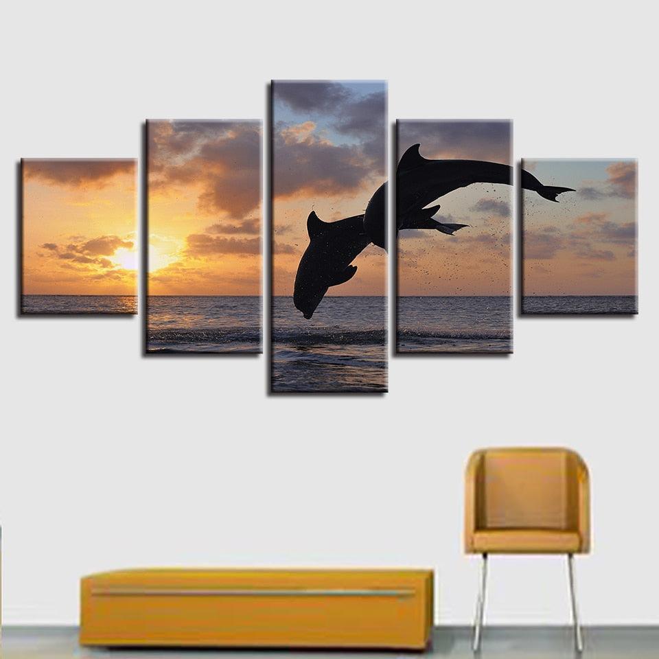 Sunset Jumping Dolphins 5 Piece HD Multi Panel Canvas Wall Art Frame - Original Frame