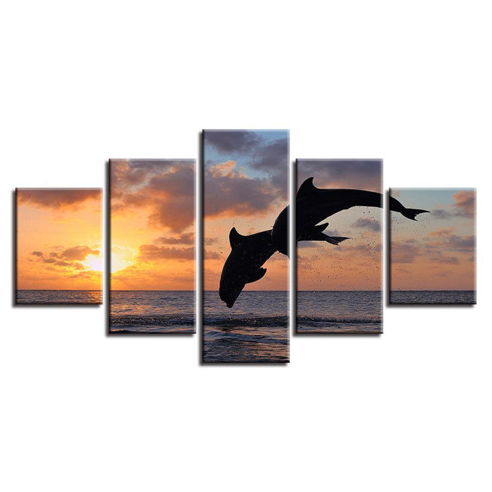 Sunset Jumping Dolphins 5 Piece HD Multi Panel Canvas Wall Art Frame - Original Frame