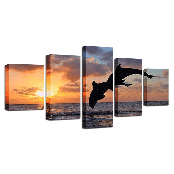 Sunset Jumping Dolphins 5 Piece HD Multi Panel Canvas Wall Art Frame - Original Frame