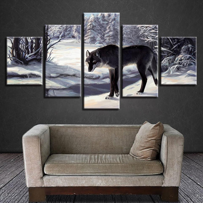 Wolf in Forest 5 Piece HD Multi Panel Canvas Wall Art Frame - Original Frame