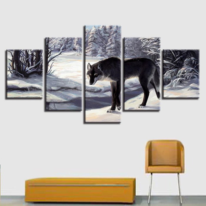 Wolf in Forest 5 Piece HD Multi Panel Canvas Wall Art Frame - Original Frame