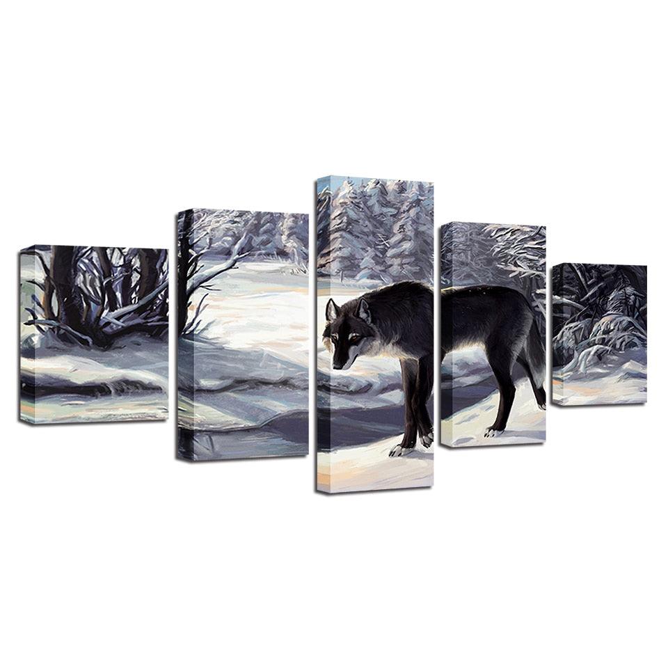 Wolf in Forest 5 Piece HD Multi Panel Canvas Wall Art Frame - Original Frame