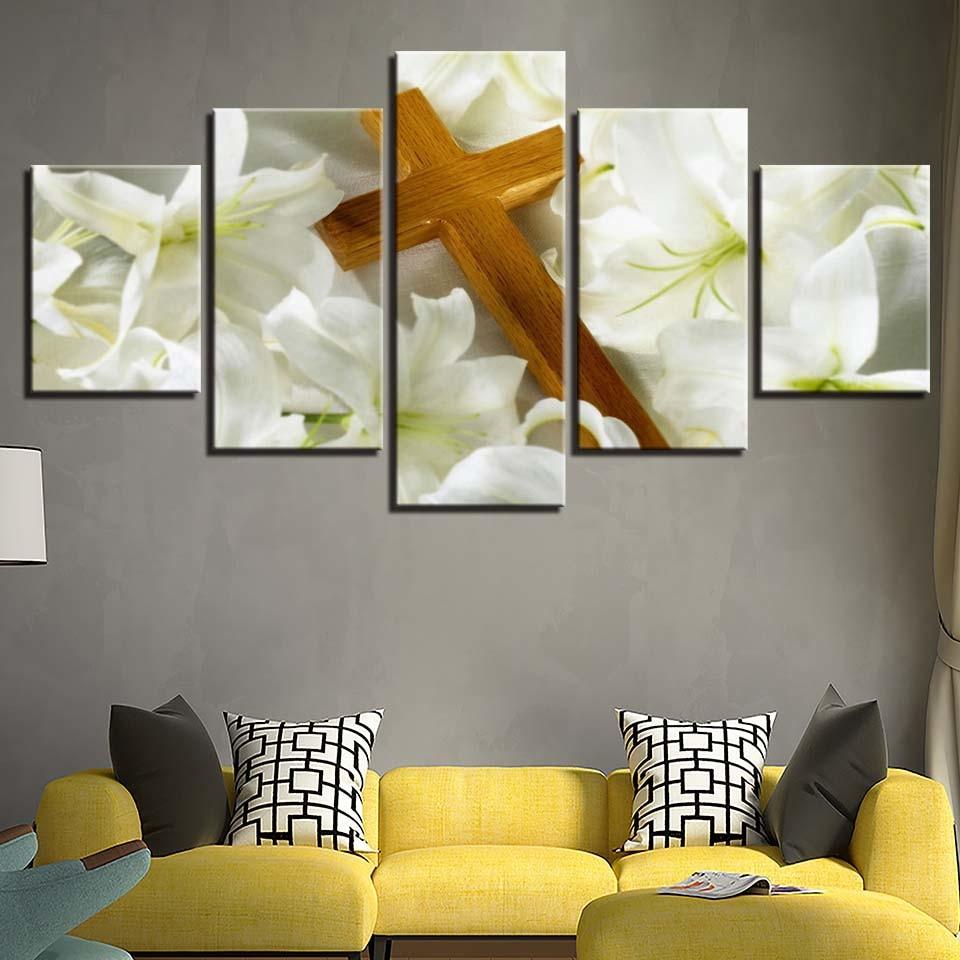 Christ Cross And Lilies 5 Piece HD Multi Panel Canvas Wall Art Frame - Original Frame