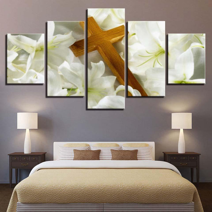 Christ Cross And Lilies 5 Piece HD Multi Panel Canvas Wall Art Frame