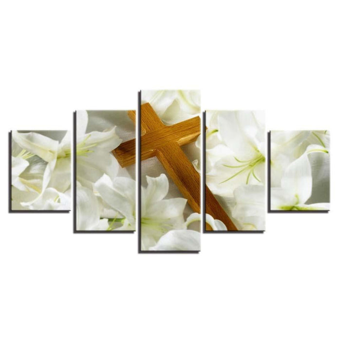 Christ Cross And Lilies 5 Piece HD Multi Panel Canvas Wall Art Frame