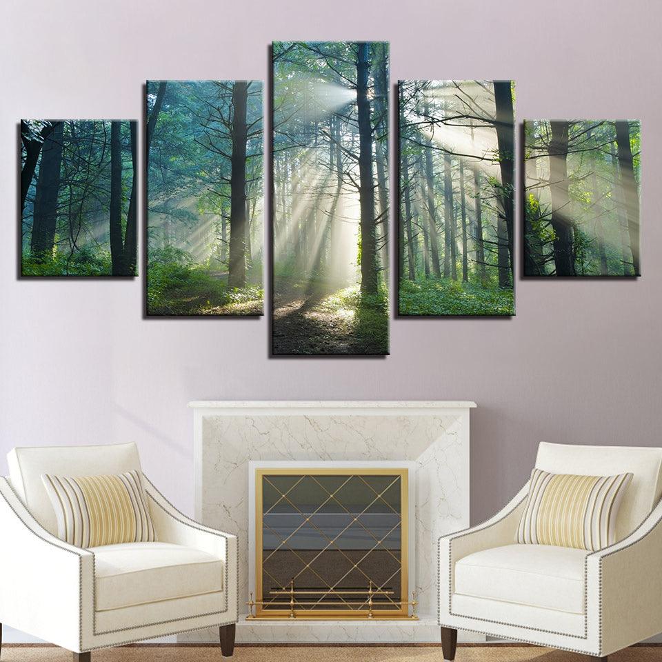Sunshine Forest Trees 5 Piece HD Multi Panel Canvas Wall Art Frame - Original Frame