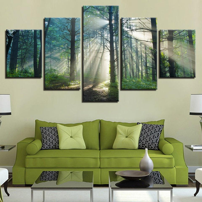 Sunshine Forest Trees 5 Piece HD Multi Panel Canvas Wall Art Frame