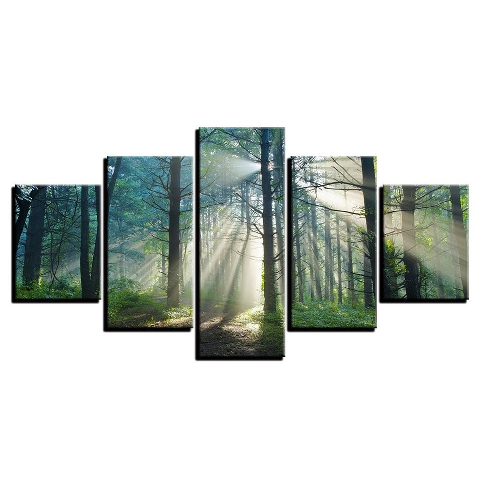 Sunshine Forest Trees 5 Piece HD Multi Panel Canvas Wall Art Frame - Original Frame